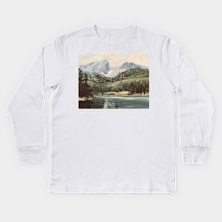 Mountain Vintage Oil on Canvas Lake Painting Kids Long Sleeve T-Shirt